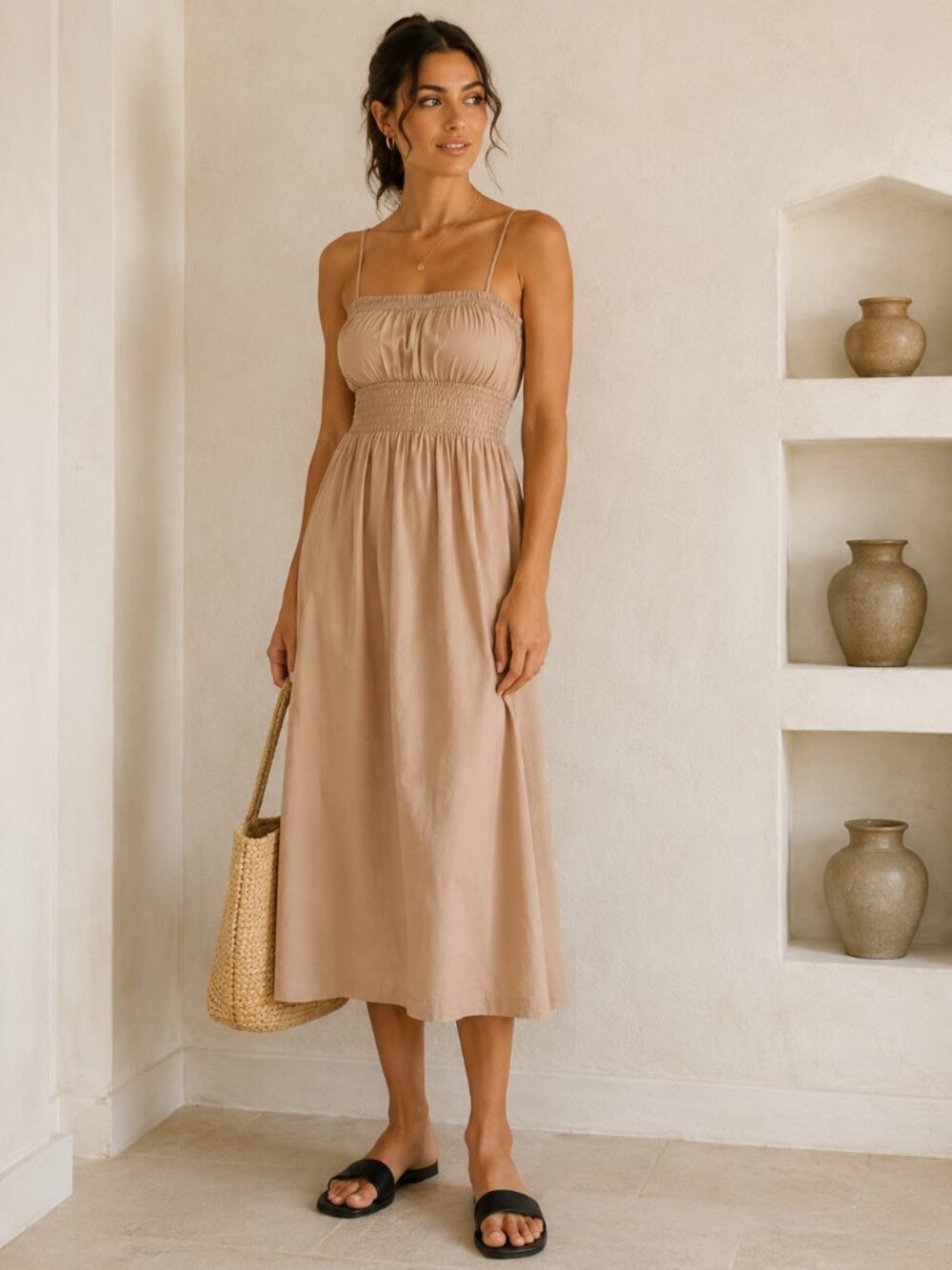 Aritzia Wilfred Veranda Nude Beige Satin SundressFeminine Summer Midi Dress S
